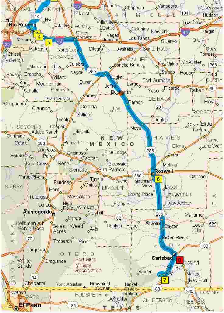 8:26 AM 72.0 mi Turn LEFT (West) onto I-40 Blvd [Central Ave] for 120 yds 8:27 AM 72.1 mi Take Ramp (RIGHT) onto I-40 for 22.8 mi towards I-40 E / Santa Rosa 8:46 AM 94.