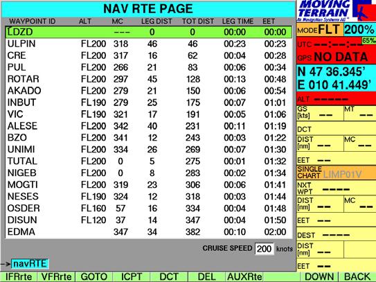 IV.2 The Flight Log INS adds the flight plan in the NAV TE page ALT Flight level between two way points. MC Magnetic course. EET The time required to reach a way point.
