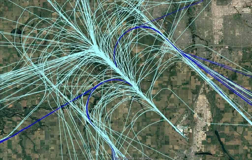 The turquoise lines show all non-rnp flight tracks while the blue represents those flight tracks where an RNP approach was utilized.