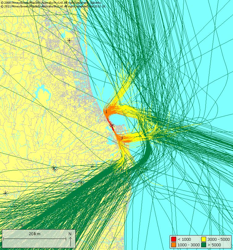 Figure 3 Jet departures for the Gold Coast region, August 2012 (one month) The key points shown by Figure 3 are: The departure flight paths from Runway 14 fly over suburbs to the south and south