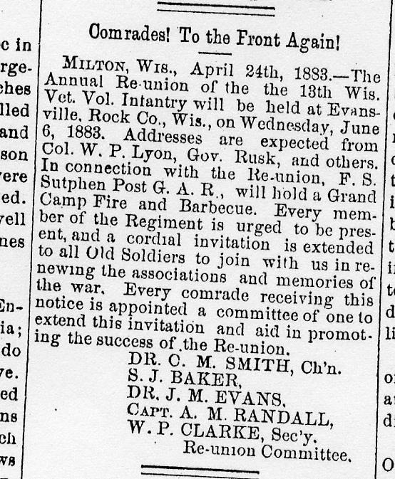 April 14, 1883, Evansville Review, Evansville, Wisconsin When GAR sponsored Reunion of the 13 th Wis. REg.