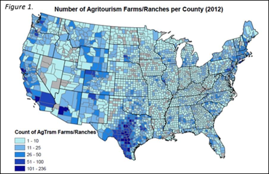 pockets of higher agritourism activity throughout the US and it appears there may even be clusters of counties with high activity adjacent to each other.