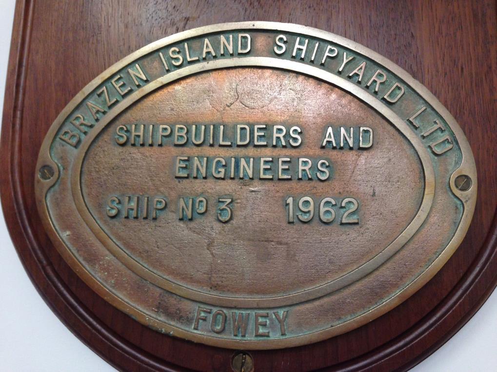 The Vauban s ships bell and builders plate presented to Fowey Harbour Commissioners by Mr Mick Ellis,Harbour Commissioner of Fowey On 4th Apr 1965 DUNGENESS LIFEBOAT R.N.L.B. MABEL E.