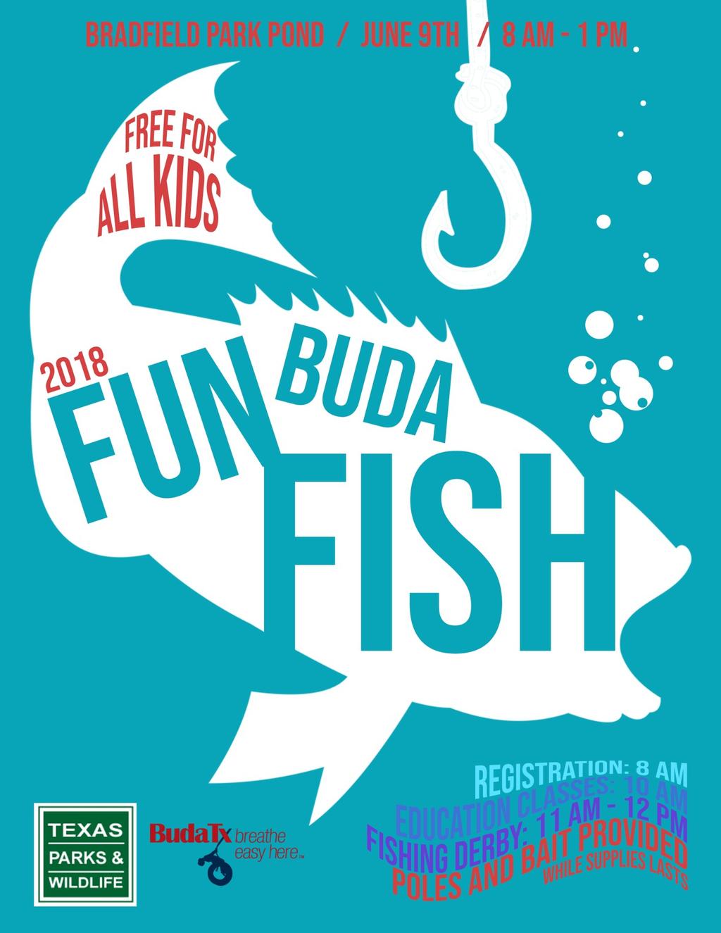 Buda Fun Fish is just around the corner! Come on out to the Bradfield Park Pond on Saturday, June 9, from 8 a.m. to 1 p.m. Fishing equipment and bait is provided while supplies last.