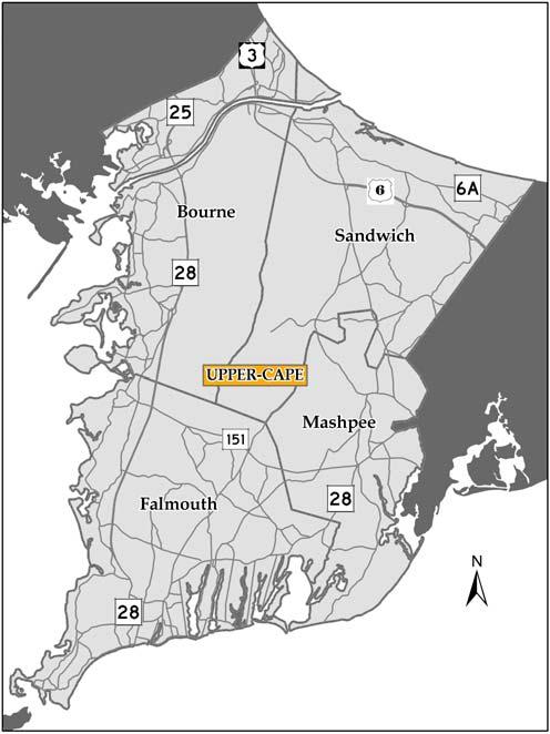 2.8.1 UPPER CAPE The Upper Cape includes the towns of Bourne, Sandwich, Falmouth, and Mashpee. The Upper Cape is also dominated by the Massachusetts Military Reservation (MMR).