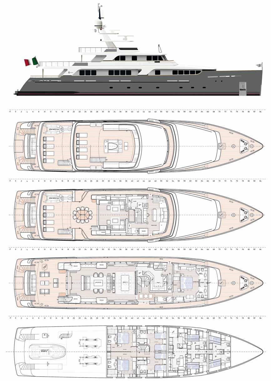 Profile Layout: sundeck with bar, solarium and panoramic lounge; bridge deck with solarium, alfresco dining area and sky lounge; main deck with living area, dining room and Owner s suite; lower deck