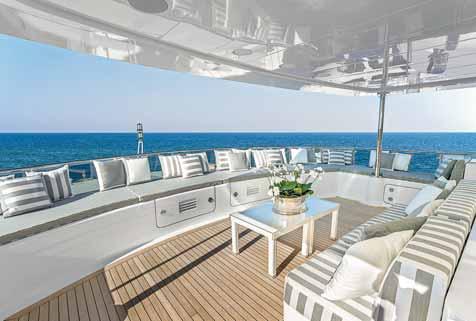furniture, some different solutions have also been used on board the new yacht, such as the large dark mahogany strips used to cover the floors of the interiors.