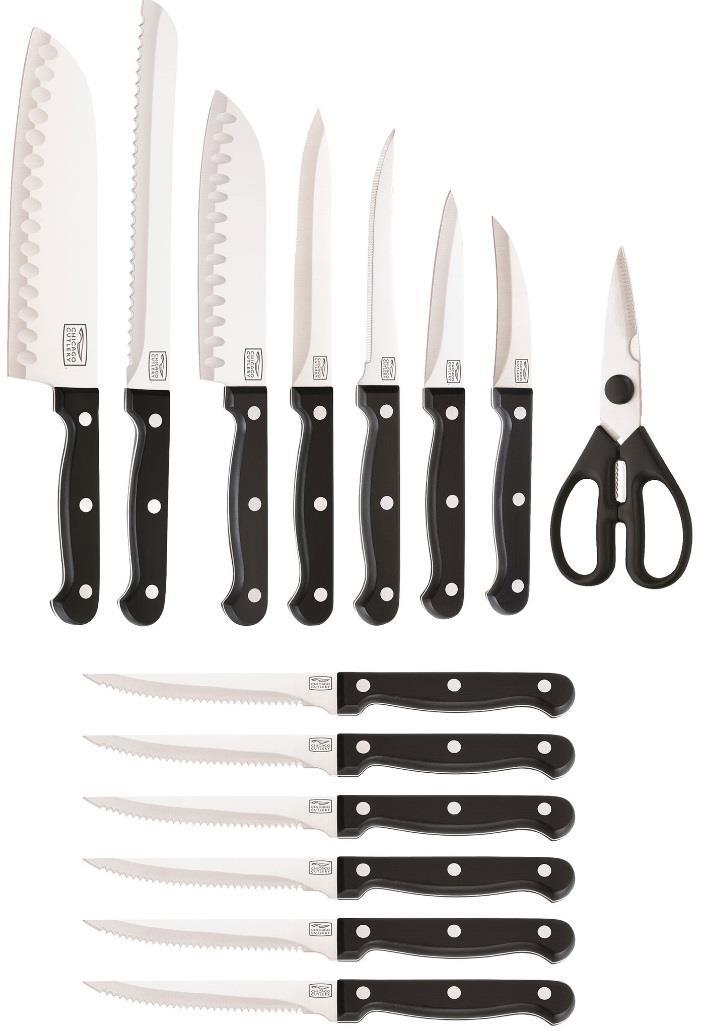 15pc Set includes: 3 peeling, 3-1/2 paring, 4-1/2 serrated fruit, 4-3/4 serrated utility, 5 Partoku, 7 Santoku, 8 scallop bread knives, kitchen shears, 6 serrated