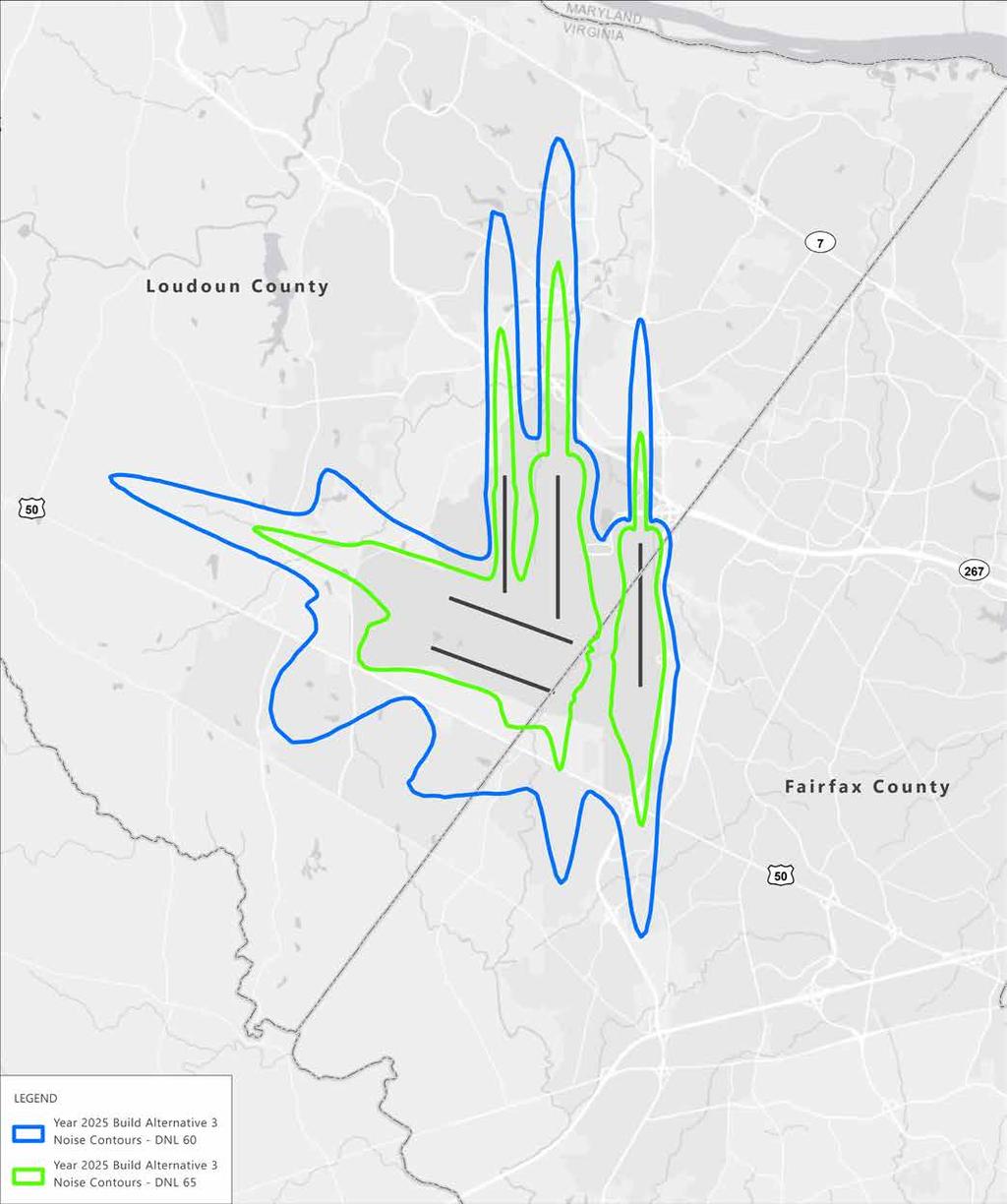 (basemap); Loudoun County Open Geospatial Data, March 2018 (noise overlay contours); Fairfax County Open Geospatial Data, March 2018 (noise overlay contours).
