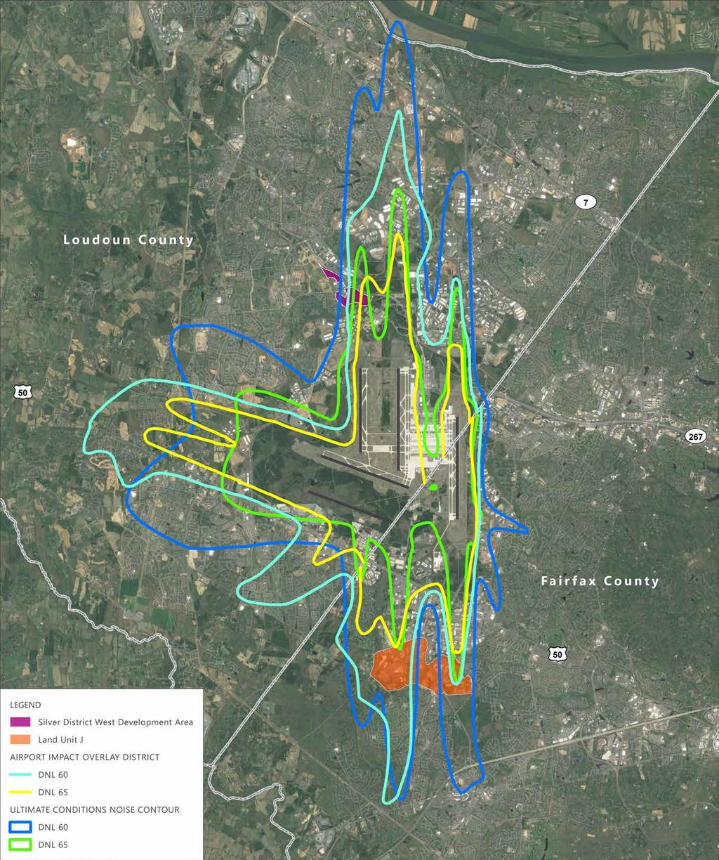 Ultimate Conditions Noise Contours with Existing Airport Noise Impact Overlay Districts Arrival Flight Paths Departure Flight Paths SOURCES: Esri, HERE, DeLorme, MapmyIndia, OpenStreetMap