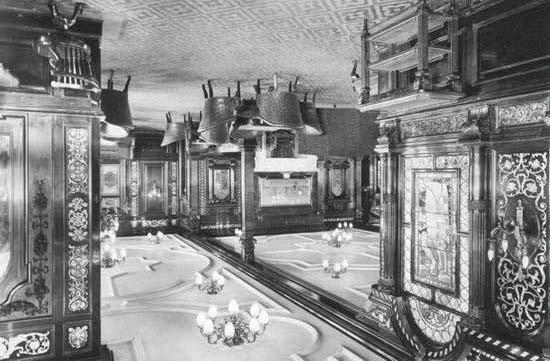 The smoking room on the Olympic; the interior design was very similar to that of Titanic though Titanic was a larger ship.
