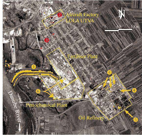 The Kosovo Conflict Consequences for the Environment & Human Settlements MAP (8) Remote Sensing Assessment of major impacts in Panc evo Legend: Areas that appear darker on the post-war image, (e.g. pollution, oil spills, missing oil tanks or buildings).