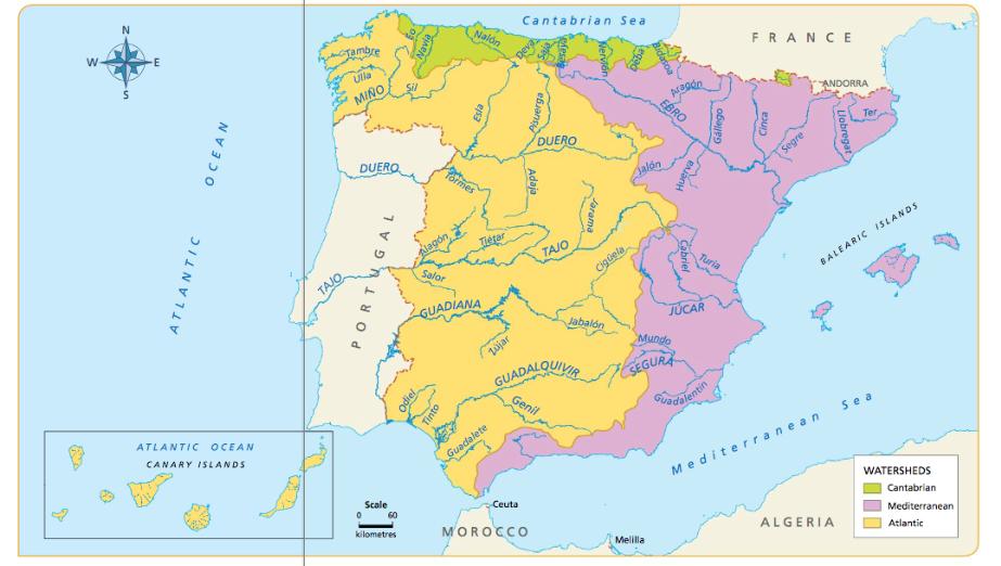 Most rivers in Spain are short and have irregular flow. This is because, in general, Spin is not a rainy country. A watershed is an area where all the rivers and streams flow into the same sea.