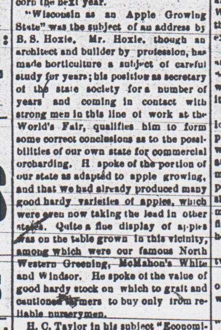 February 2, 1897, The Tribune, p. 1, col. 2, Evansville, Wisconsin Farmer s Institute, speakers were sent out by the state institute fund.