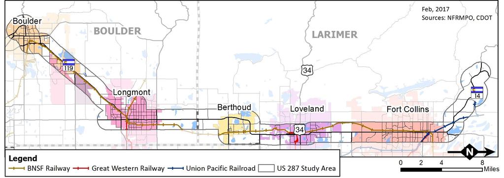 Figure 2-2 shows active railroads in the Study Area, which include the BNSF Railway, the Great Western Railway (GWRR), and the Union Pacific Railroad (UPRR).