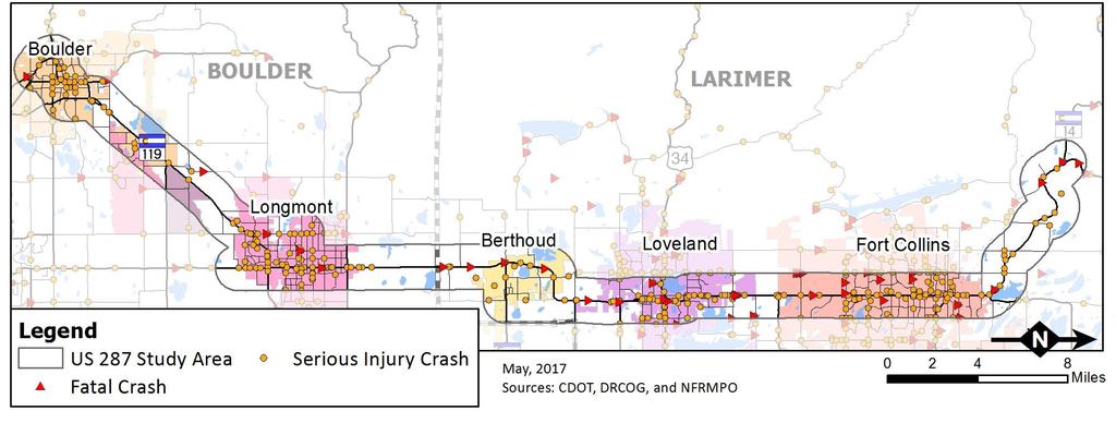 Crash Data Figure 2-9 displays serious injury and fatal crashes along the corridor. Data for all crashes reported by law enforcement officers was provided by CDOT.