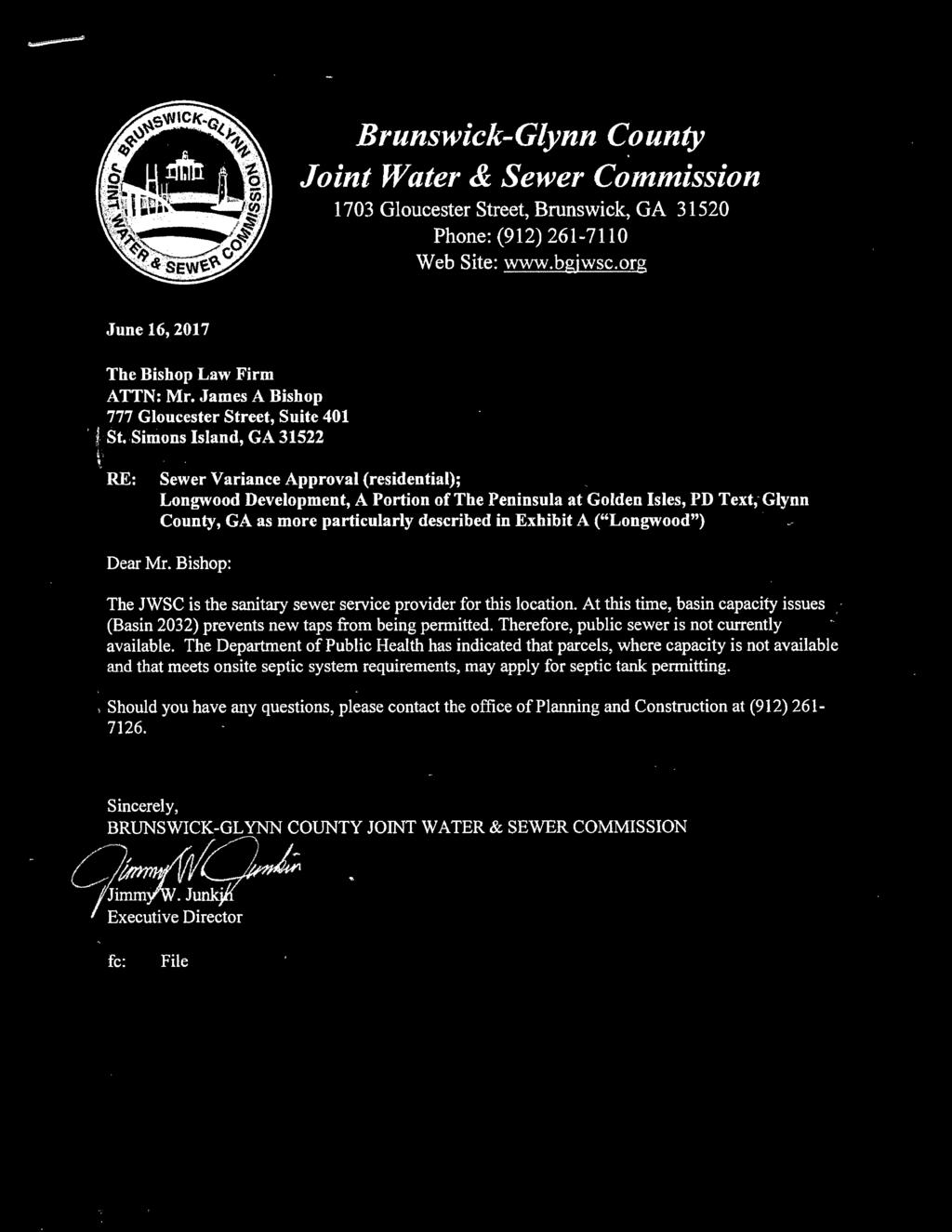 Simons Island, GA 31522 RE: Sewer Variance Approval (residential); Longwood Development, A Portion of The Peninsula at Golden Isles, PD Text,-Glynn County, GA as more particularly described in