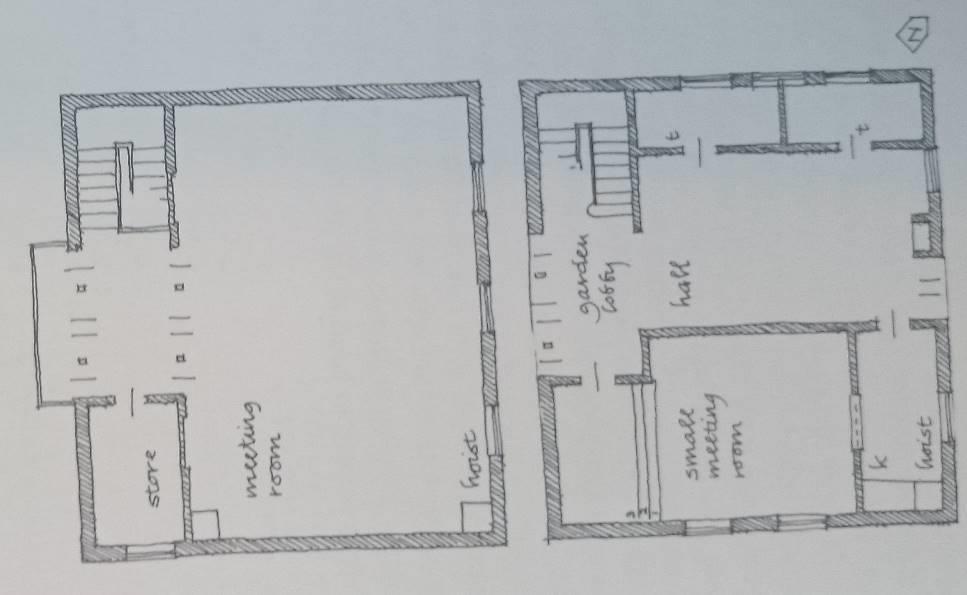 2.2 The building and its principal fittings and fixtures Figure 3: Ground floor plan of the meeting house as reconstructed by Butler (north is to the top right; not to scale) (Butler (1999), vol.