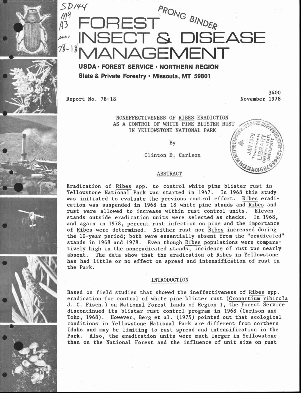 spiclq PRONG FOREST 'Alpo INSECT S. DISEASE 'MANAGEMENT A3 USDA FOREST SERVICE NORTHERN REGION State & Private Forestry Missoula, MT 59801 3400 November 1978 Report No.