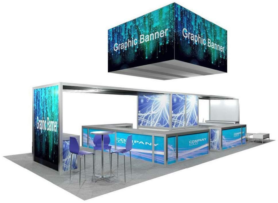 Option 11a: Island Hospitality with banners 12x6 = $25,310 + GST (1x) Rigged reframe banner cube Finish: Digital Graphics 1 3mm Graphic infill panels in maxima frame in top section of store room