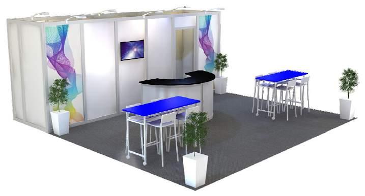 Option 1: Peninsular Network 6x6 Audio Visual = $6,515 + GST 32" LCD Screen 1200mm High Plant w Wedge Pot Euro Registration er White Expo Bench Blue Fineline Bar Stool White 1 4 2 2 8 Construction