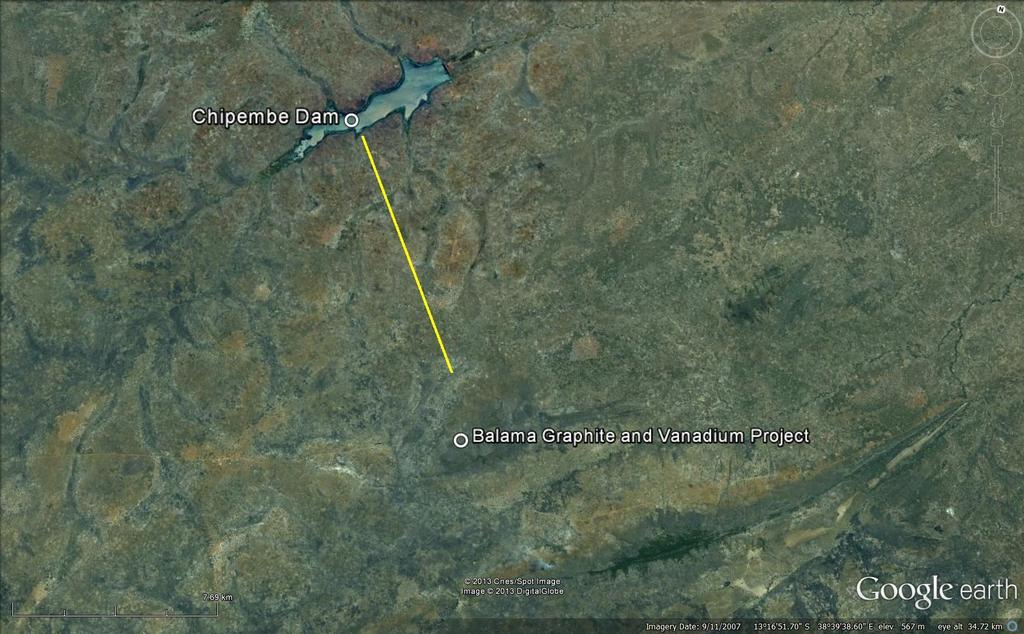 Water Chipembe Dam is located approximately 10 km from the proposed site of the Balama processing plant.