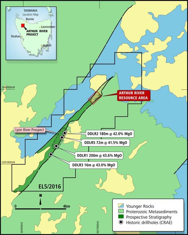 MAGNESITE Arthur River Project (Jindalee 100%) During the period Jindalee announced the application for an Exploration Licence (EL5/2016), covering the Arthur River and Lyons River magnesite