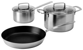 IKEA 365+ 5-piece cookware set: Pot/sauce pan with lid, stainless steel/glass and frying pan, stainless steel/non-stick coating.