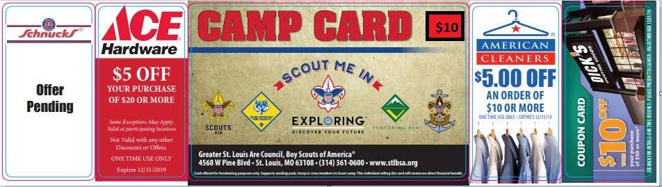 2019 Camp Card Sale Sign up to sell Camp Cards! Selling Camp Cards helps Scouts earn money for Summer Camp, program equipment, registration, or any other Scouting program.