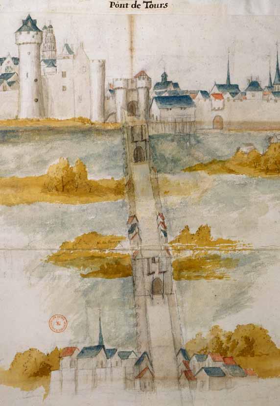 Map Ancient rampart (4th century) Bridge of Tours, 17th century watercolour drawing from the collection «Villes, sièges et fortifications» Bibliothèque Sainte- Geneviève, Paris Royal castle