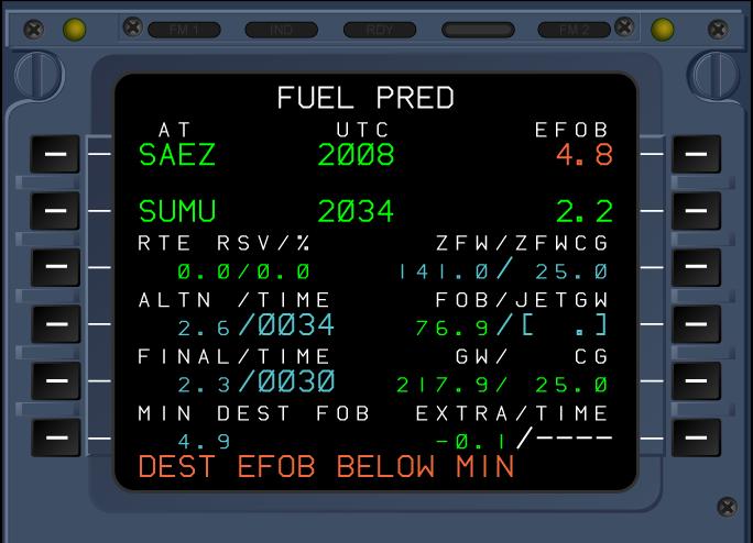 The ETOPS Regulatins An abnrmal A330 FUEL PRED page that displays the EFOB at destinatin < MIN DEST FOB The EXTRA fuel quantity is equal t the difference between the DEST EFOB, and MIN DEST FOB fuel