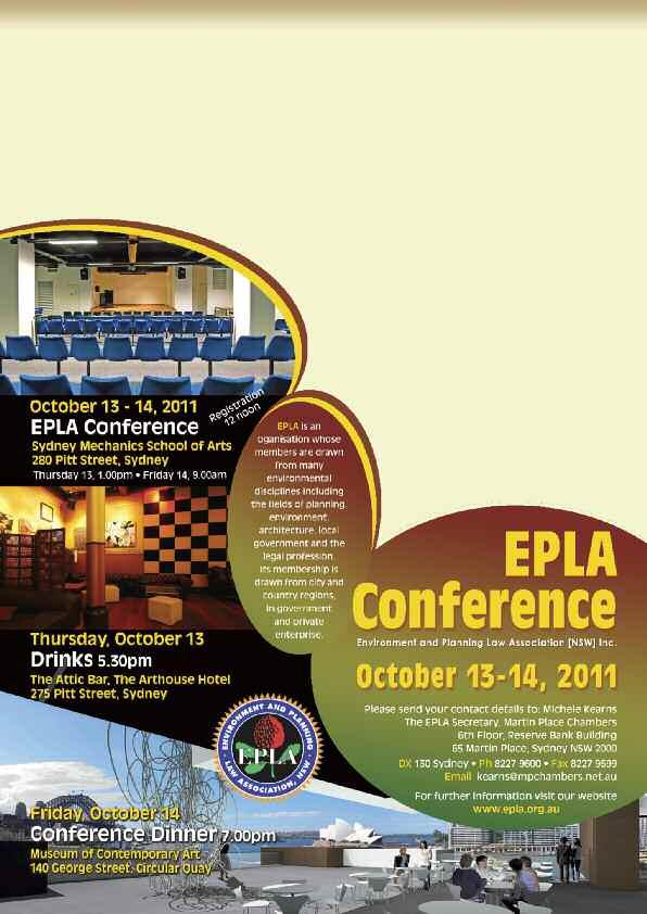 The 2011 EPLA Conference is being held at The Sydney Mechanics School of Arts, 280 Pitt Street, Sydney on October 13 & 14, 2011.