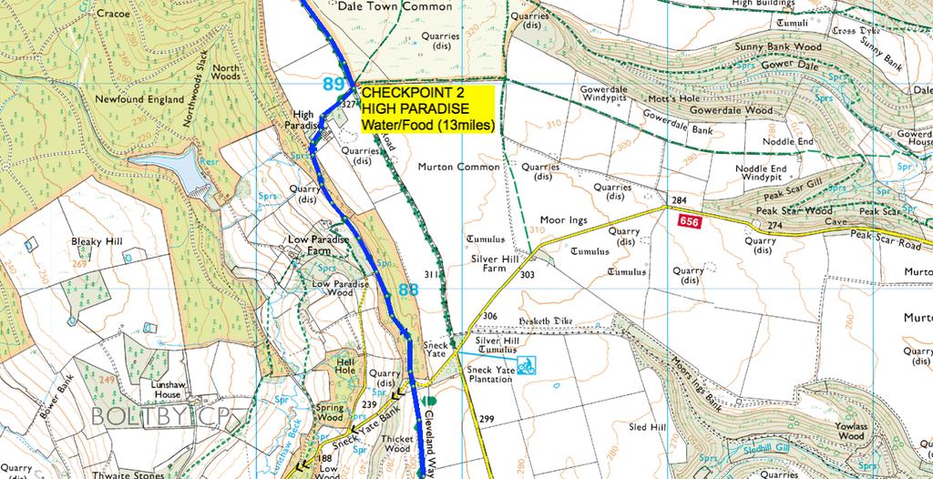 11. Leave the checkpoint to turn left along the wide track. Follow the track, eventually reaching SQUARE CORNER (21miles) and the Osmotherley to Hawnby road 12.