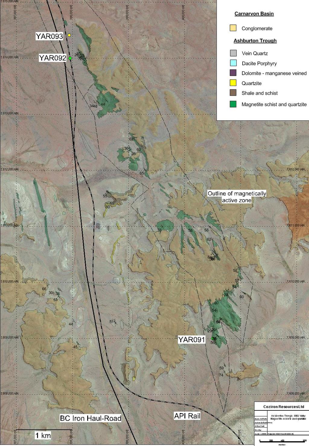Yarraloola Project Unique Magnetite Discovery 3 RC drill holes in late 2014 tested targets within magnetically active zones over a 12km strike length up to 1km wide.