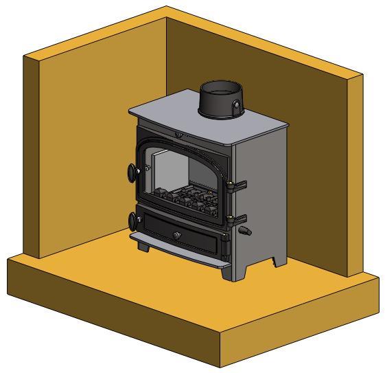 Material Clearances The stove can be recessed in a suitable sized fireplace but a permanent free air gap of at least 150mm must be left around the sides and top and at least 50mm at the back of the