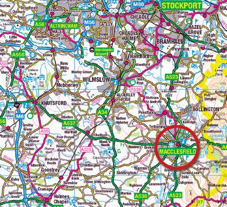The town is strategically located approximately 16 miles (26 km) south of Manchester and 18 miles (29 km) north of Stoke on Trent.
