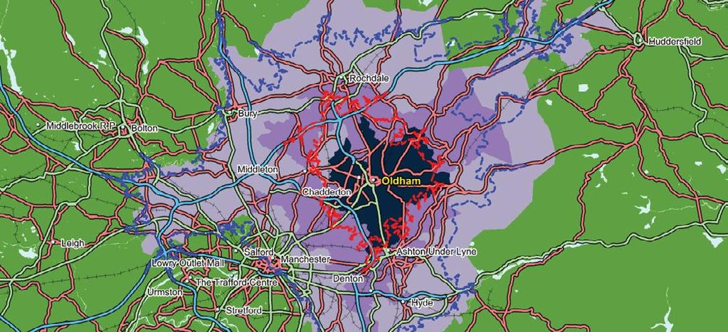 Drive Time Catchment >> Oldham has an urban area of approximately 104,000 rising to 217,000 within 6.5 miles of the town centre and 1.91million within 12 miles.