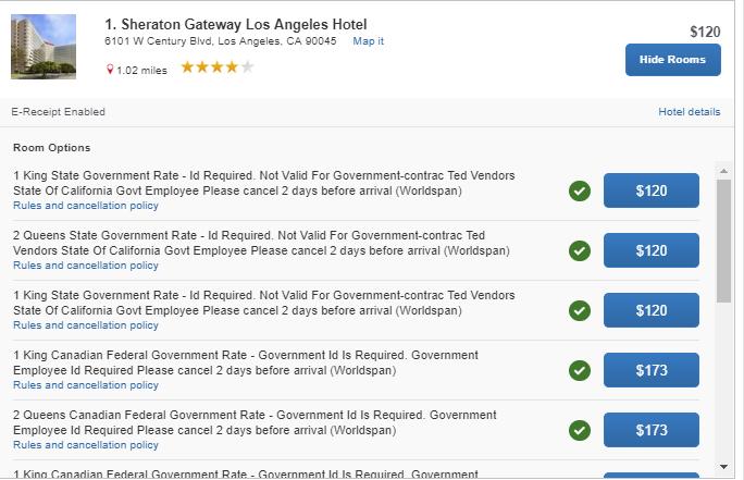 attached to your Expense Report. Hotels that offer government rates will show is available.