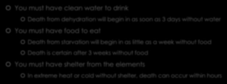 Key Essentials to Survival You must have clean water to drink Death from dehydration will begin in as soon as 3 days without water You must have food to eat Death from starvation will begin