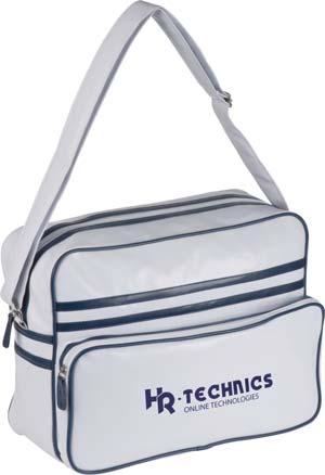Art. 61709 29,0 x 42,0 x 12,0 cm BS 20 x 8 cm P 20/20 This modern white PVC college bag with sporty navy stripes provides