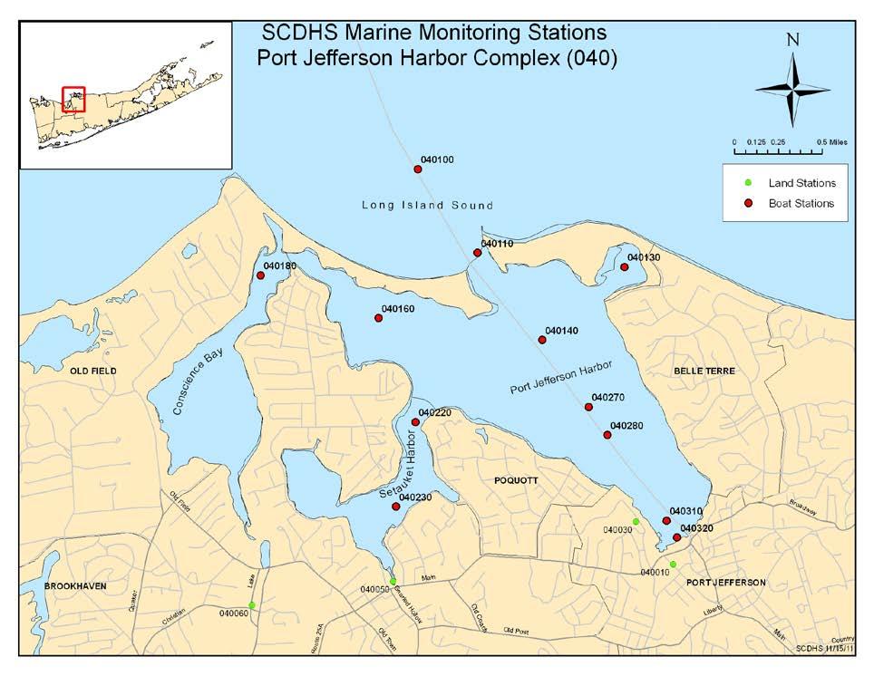 Sample Collection Water samples are collected from the Port Jefferson Harbor Complex by the Suffolk County Department of Health Services (SCDHS) and analyzed for various water quality parameters.