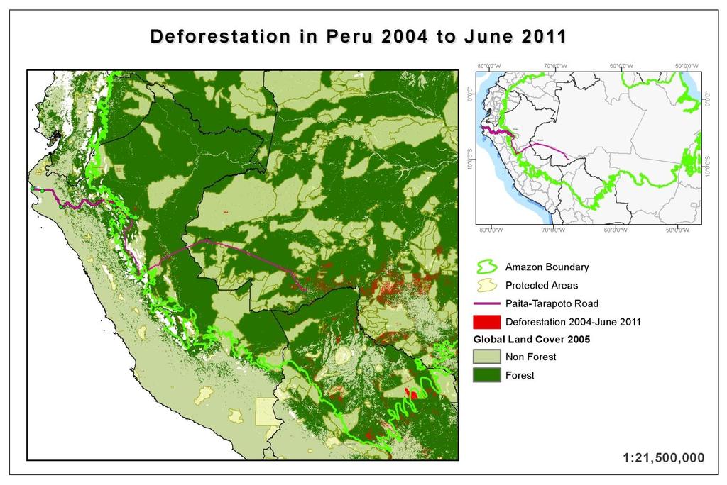 Figure 2. Habitat loss map, Terra-i monitoring (2004-2011). Studies by the Ministry of Environment (MINAM Peru 2009) identify agricultural expansion as the main direct cause of deforestation in Peru.