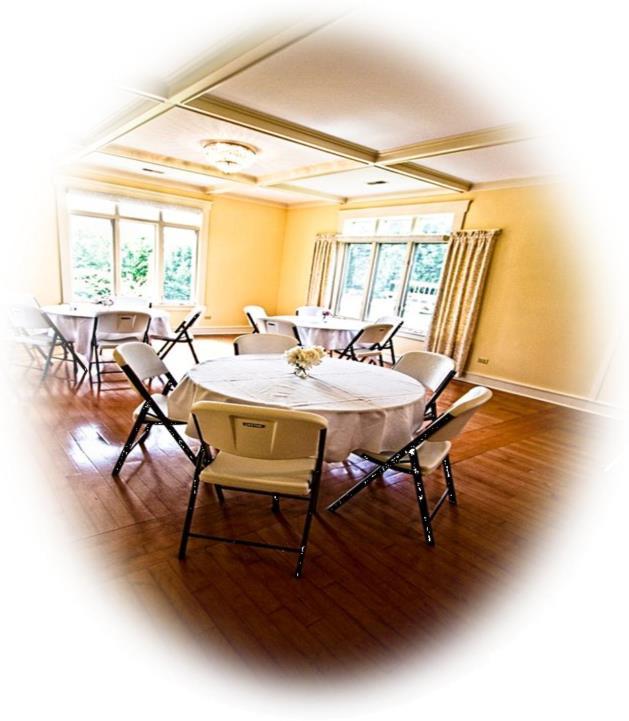 For your use, the Ellis House has (8) 48 round dinner tables, 52 banquet chairs, (6) 6-foot rectangular meeting tables, and (1) 8-foot rectangular table.