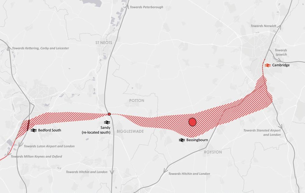 ROUTE A Bedford South Sandy (re-located south) Cambridge (via Bassingbourn) Potential Railway Stations Existing Railway Stations Indicative Station Area Potential Route Alignment Area Existing