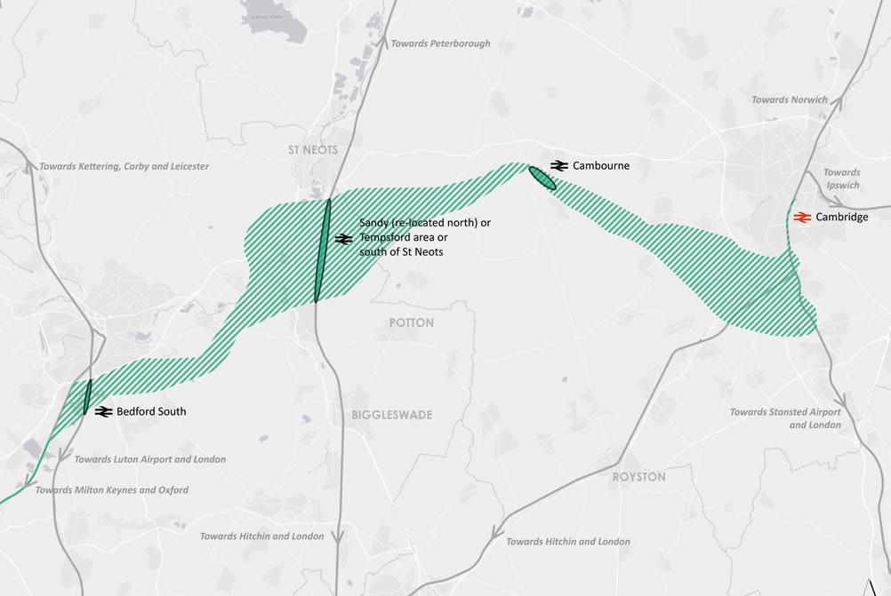 ROUTE B Bedford South Sandy (re-located north) / Tempsford area / south of St Neots Cambourne Cambridge Potential Railway Stations Existing Railway Stations Indicative Station Area Potential Route
