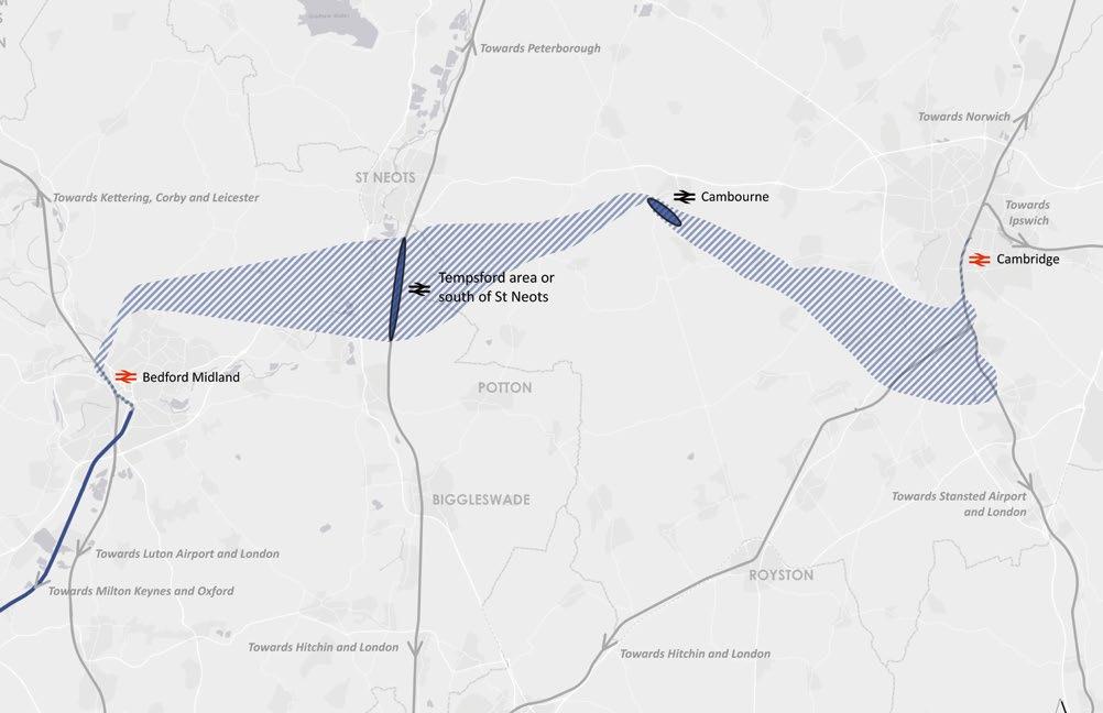 ROUTE E Bedford Midland south of St Neots / Tempsford area Cambourne Cambridge Opportunities: Supports economic growth across the Oxford-Cambridge Arc Faster journeys, with an estimated Oxford to