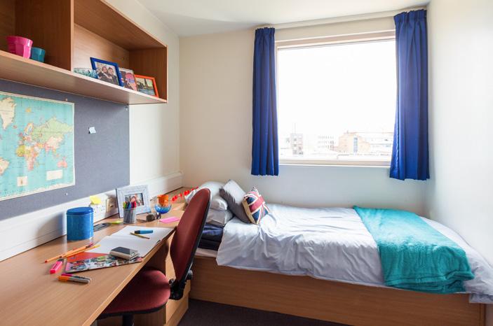 students are staying in comfortable single en-suite rooms in one of the halls of residence in the student village, where students can find both shops and