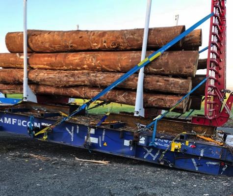 Test Methodology: The test method attempted to simulate the loading of logs onto a logging trailer by having two bolsters restrained to a 40ft flat rack.
