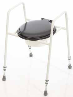 RAISED TOILET SEAT AND FRAME A sturdy height adjustable, coated metal frame with a clip-on, one piece moulded seat.