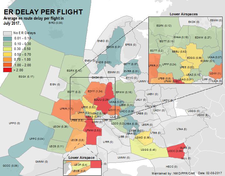 EN-ROUTE ATFM DELAY PER FLIGHT En-route delay per flight (min) 3,5 3, 2,5 2, 1,5 1,,5, 3,9 NICOSIA ACC 2,53 SEILLE ACC 2,29 KARLSRUHE UAC 1,7 BREST U/ACC Top 2 delay locations for en-route delays in